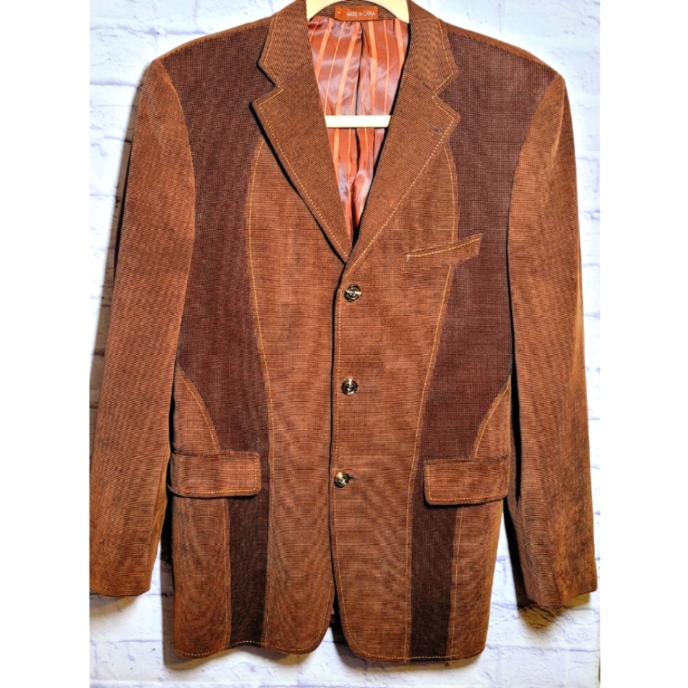 Venezzi Corduroy Blazer Mens Size L Brown Three Button Sport Coat Contrast Trim